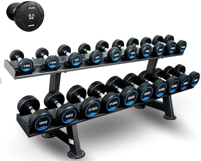 Combo rack de mancuernas premium redondas + mancuernas